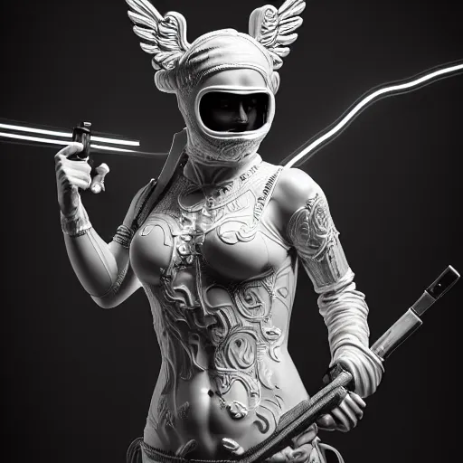 Prompt: cupid wearing balaclava mask, holding a gun an ultrafine hyperdetailed illustration by kim jung gi, irakli nadar, intricate linework, neon wiring, porcelain skin, unreal engine 5 highly rendered, global illumination, radiant light, detailed and intricate environment h 6 4 0