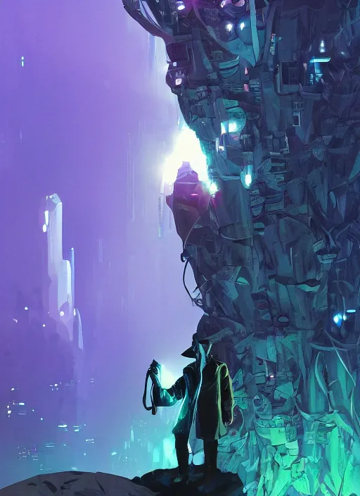 Image similar to comic book art of a [ man ] in trenchcoat with ( glowing ) [ gloves ] and [ boots ] in a [ jungle ] looking up at a [ tower ] extending into the sky made of crystalized glowing rock,, low angle, artstation illustration, elegant, cyberpunk, volumetric fog, arcane by tim doyle