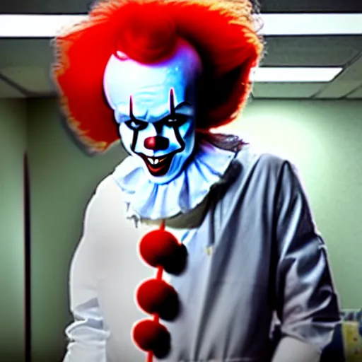 Image similar to a photograph of pennywise dressed as a doctor at a hospital, full shot