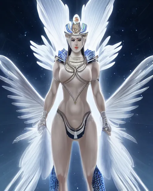 Image similar to perfect white haired egyptian goddess wearing white dove wings, warframe armor, regal, attractive, ornate, sultry, beautiful, dreamy, half asian, pretty face, blue eyes, detailed, scifi platform, 4 k, ultra realistic, epic lighting, android body, illuminated, cinematic, masterpiece, art by akihito tsukushi, voidstar, artgerm