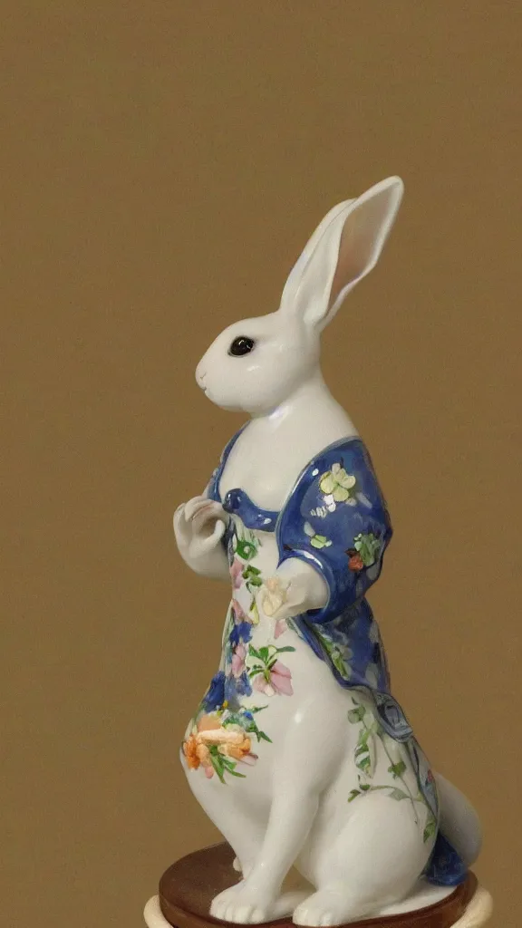 Image similar to in botanicals room a porcelain rabbit statue having a japanese kiseru in hand painted by john singer sargent