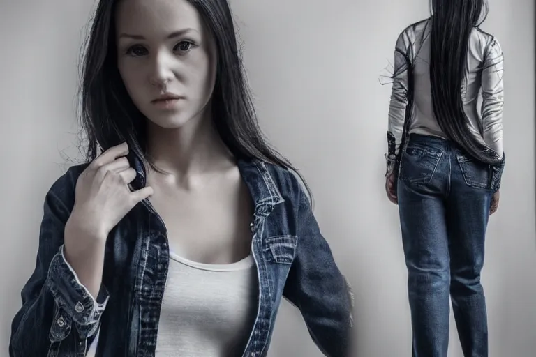 Image similar to still photo of a very beautiful woman wearing jeans and top, black and white color aesthetic, highly detailed, photorealistic portrait, bright studio setting, studio lighting, crisp quality and light reflections, unreal engine 5 quality render