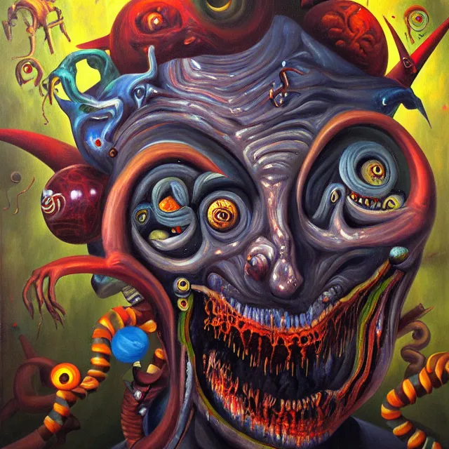 Prompt: an oil on canvas portrait painting of the carnival of nightmares, polycount, surrealism, surrealist, cosmic horror, high detail