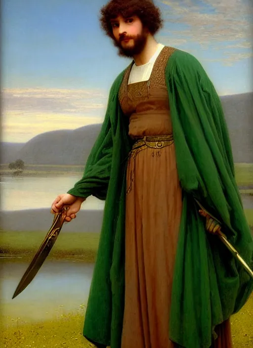 Image similar to beautiful ominous portrait of a male maid with green cloak is holding golden knife by edmund blair leighton, pale blue and pale yellow colors, Oriental, Desert, Lake