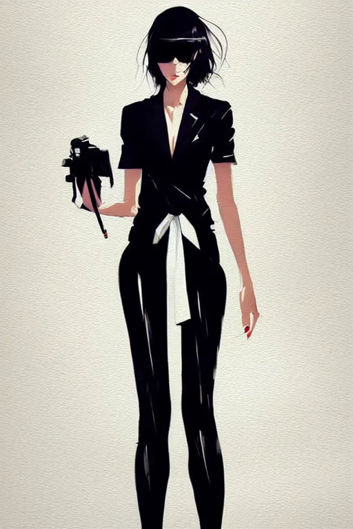 Image similar to a ultradetailed beautiful panting of a stylish woman, she is wearing a white shirt with a tie and black pants, by conrad roset, greg rutkowski and makoto shinkai trending on artstation