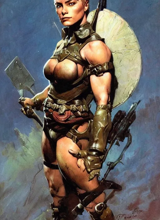 Image similar to portrait of strong female ranger, beautiful! coherent! by frank frazetta, by brom, strong line, deep color, leather armor, short buzzed hair, high contrast