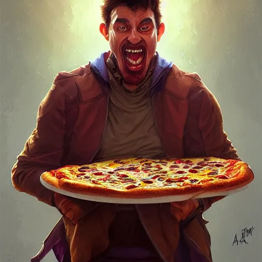 Prompt: portrait of weird tony opening his mouth to eat pizza, highly detailed, digital painting, artstation, concept art, sharp focus, illustration, art by artgerm and greg rutkowski and alphonse mucha