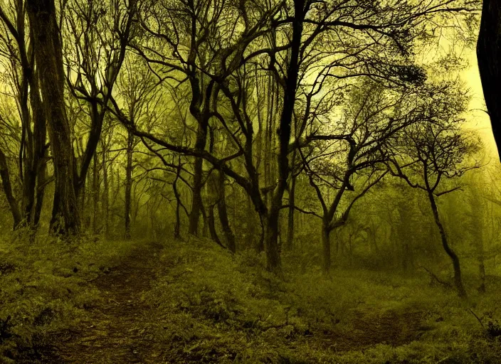 Image similar to forest path, ancient trees, shrew - silhouettes, shadowed, overgrown, hiding - treasure - hiding, serene evening atmosphere, color noir