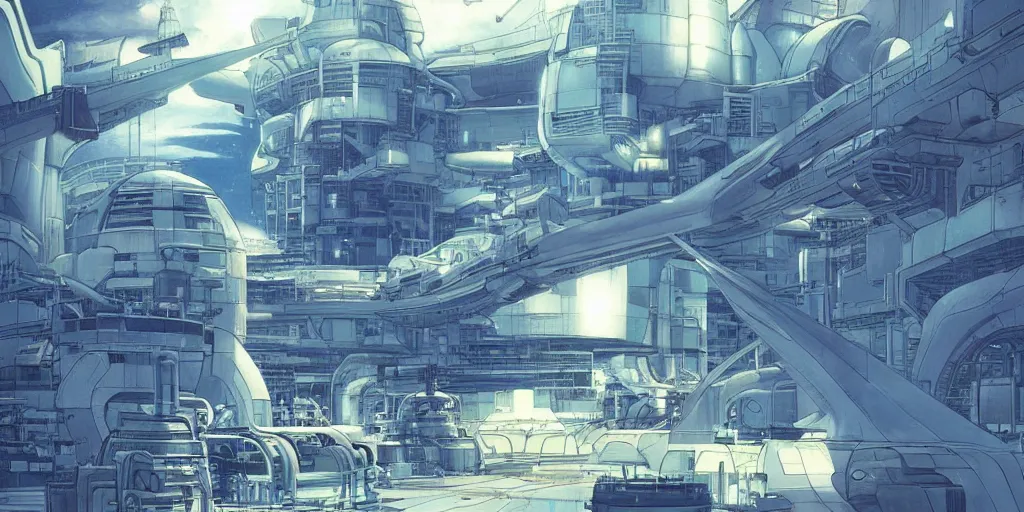 Image similar to spaceship factory, art by makoto shinkai and alan bean, yukito kishiro