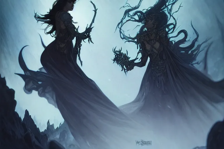 Image similar to dark banshee, cinematographic shot, deep focus, d & d, fantasy, intricate, elegant, highly detailed, digital painting, artstation, concept art, matte, sharp focus, illustration, hearthstone, magic the gathering, art by willian murai and karla ortiz and alphonse mucha