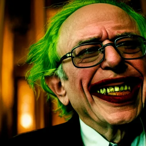 Image similar to stunning awe inspiring bernie sanders as the joker movie still 8 k hdr atmospheric lighting