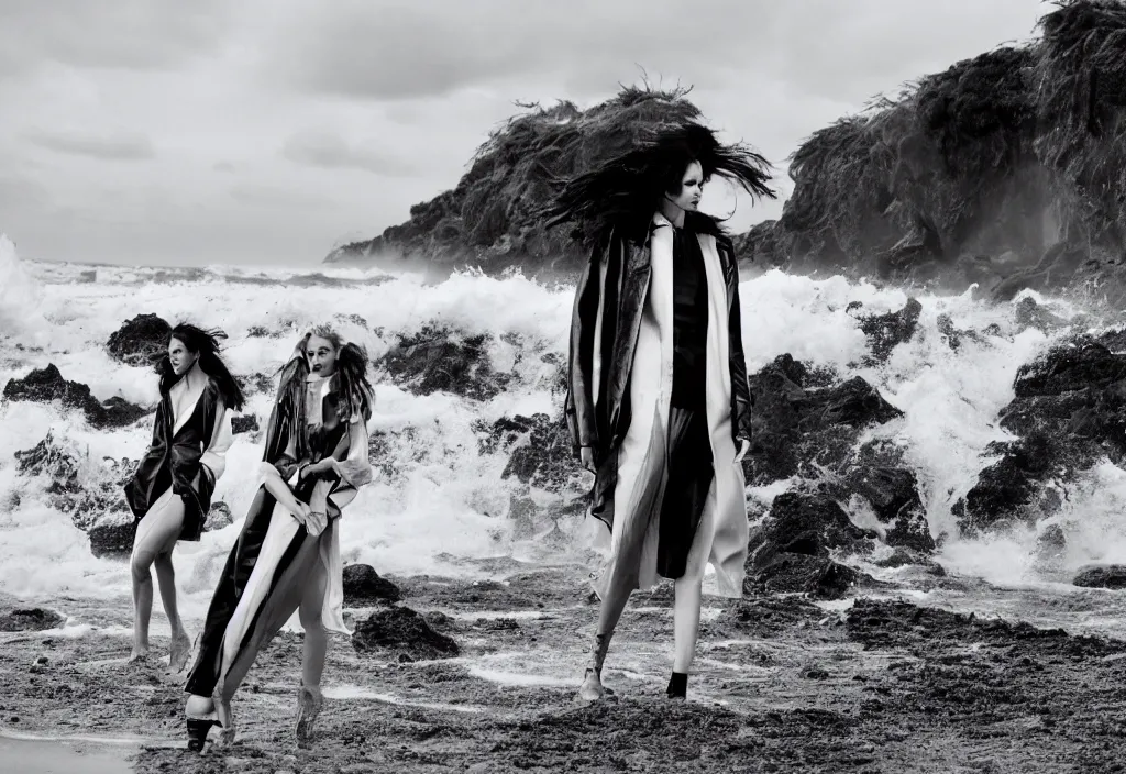 Prompt: fashion editorial in front of giant tsunami waves, on the beach.