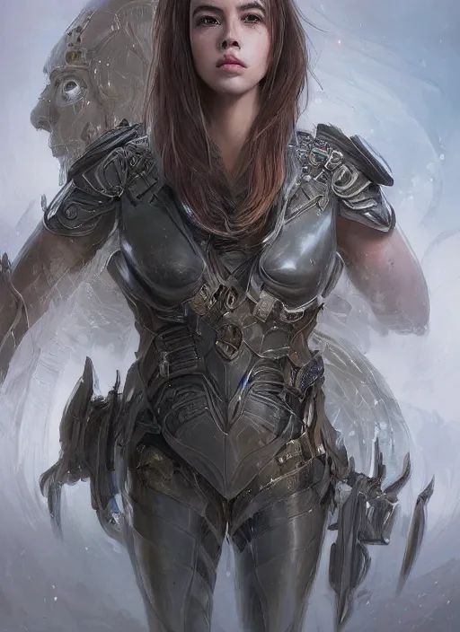 Image similar to a professional portrait of a beautiful young female, clothed in ethereal battle armor, olive skin, long dark hair, beautiful bone structure, symmetrical facial features, intricate, elegant, digital painting, concept art, smooth, sharp focus, finely detailed, illustration, from Valerian and the City of a Thousand Planets, in the style of Ruan Jia and Mandy Jurgens and Artgerm and Greg Rutkowski and William-Adolphe Bouguerea