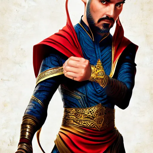 Image similar to a young middle eastern man with a goatie wearing doctor strange custom, movie promotion poster, comic book style, artstation, 4 k