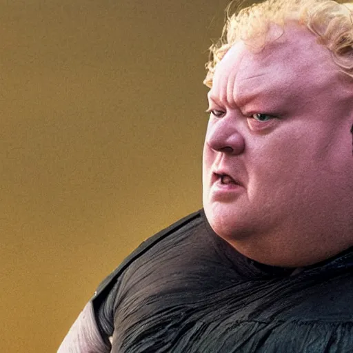 Prompt: photo of baron harkonnen confronting the bene gesserit