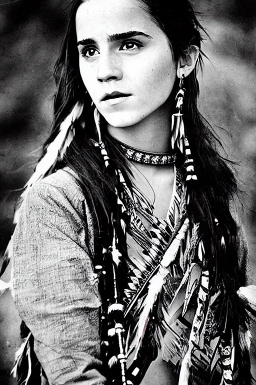 Image similar to “Photo of Native American indian woman Emma Watson, portrait, skilled warrior of the Apache, ancient, realistic, detailed, emma watson”