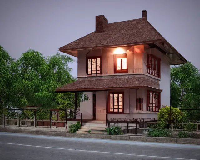 Prompt: small cute assam type house, 1 4 mm, 3 d render, evermotion archexteriors, 3 ds max, v - ray, ray traced, high resolutioin hdri environment by vue, unreal engine, cinema 4 d, perspective, diorama, perfectly centered and sharp focus