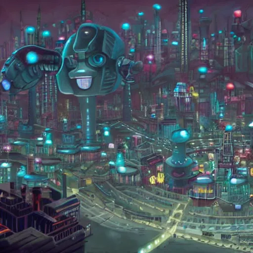 Prompt: The robot city, a fantasyland full of robots in a surrealistic city in digital wasteland in the future