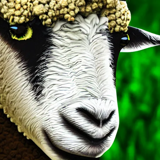 Image similar to camera bouquet effect photo of sheep unlocking sharingan, eye detailed,