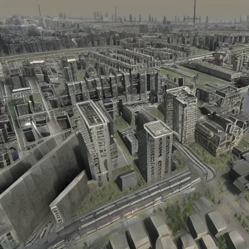 Prompt: a dystopian soviet brutalist city in cities skylines, very detailed, high quality photo, designed by David Adjaye, architecture by Kengo Kuma