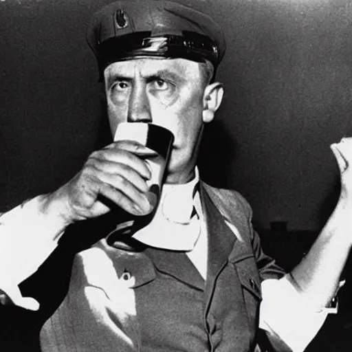 Prompt: Adolf Hitler as a prisoner, drinking a beer