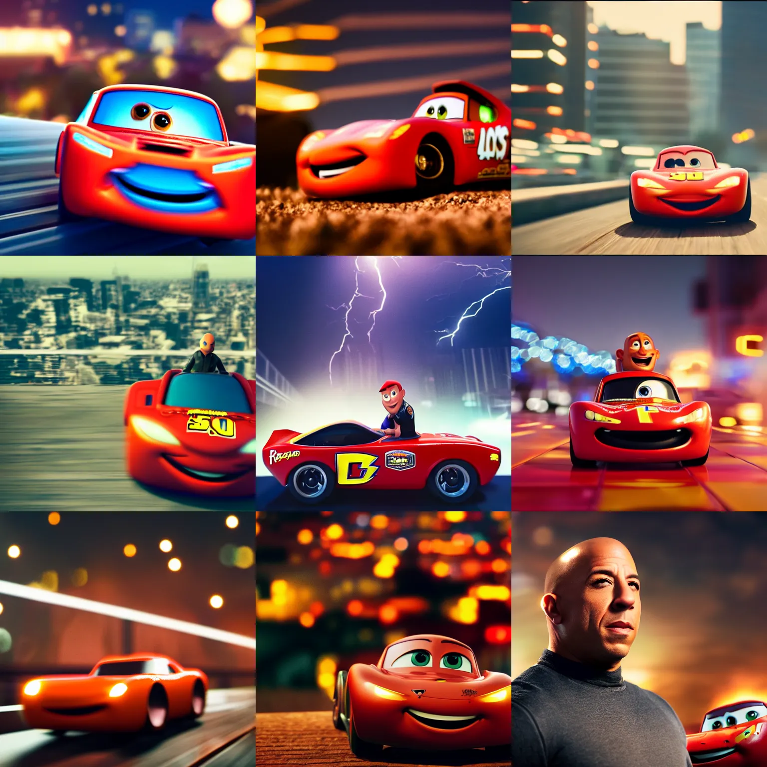 Image similar to vin diesel riding on top on a roof of lightning mcqueen, cinematic, bokeh, blur, action