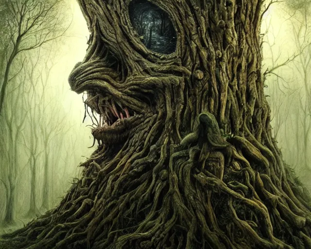 Image similar to a talking oak tree, huge face in the bark, eyes in the bark, mouth in the bark, horror concept art, sharp teeth, digital painting, oil painting, hyperrealistic, treebeard, ent, undead, fantasy monster, moonlight, in the forest, by alan lee, by artgerm