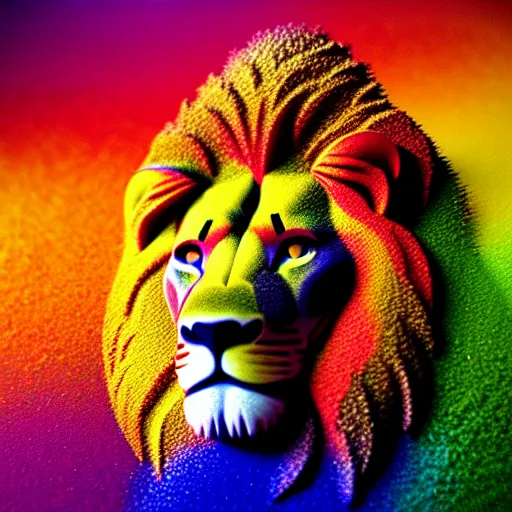 Image similar to lion made of rainbow sand, multicolor, very colourful, volumetric light, cinematic, extremely detailed, cgi, trending on artstation, hyper realistic, hd wallpaper, sharp, michael whelan, ted nasmith