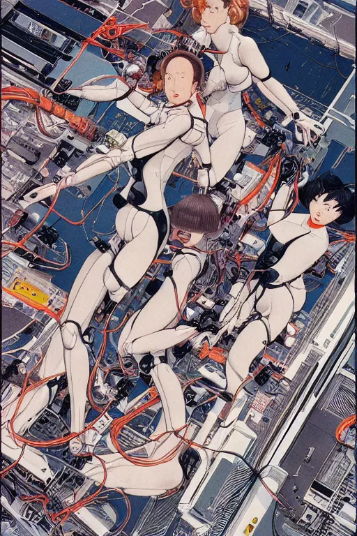 Image similar to a hyper-detailed magazine cover illustration of a group of four female androids' body pieces with cables and wires coming out, lying scattered over an empty floor, by masamune shirow and katsuhiro otomo, view from above, japan 1980s