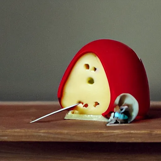 Prompt: mouse with red helmet eating cheese