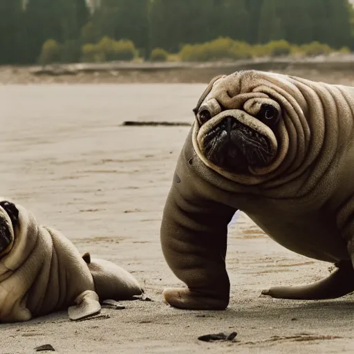 Image similar to a Walrus-Pug Hybrid, A Walrus that looks like a pug, huge tusks, afternoon hangout, good times photograph, candid