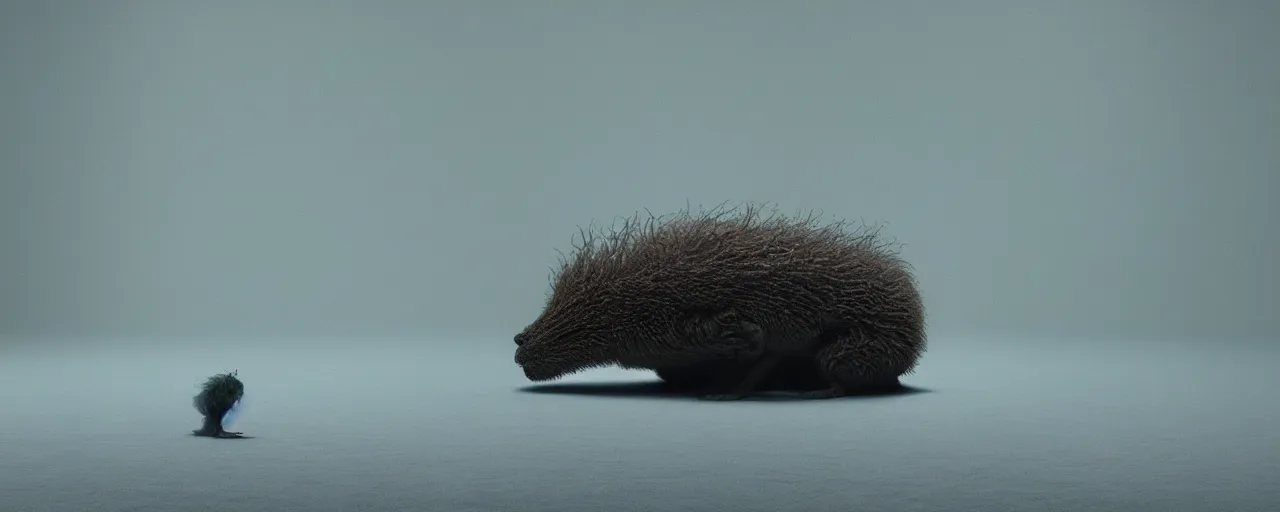 Prompt: a strange creature sitting on the floor in the home room, film still from the movie directed by Denis Villeneuve with art direction by Zdzisław Beksiński, close up, telephoto lens, shallow depth of field, beautiful detailed intricate insanely detailed octane render, 8K artistic photography, photorealistic