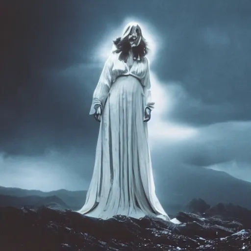 Image similar to 1 9 7 0's artistic spaghetti western movie, a woman in a giant billowy wide flowing waving dress made out of white smoke, standing inside a dark western beautiful rocky scenic landscape, volumetric lighting, backlit, moody, mercurial, atmospheric