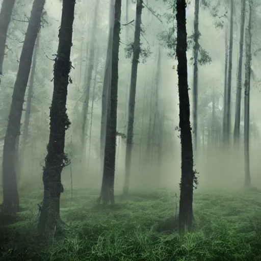 Image similar to surreal magical aura forest with fog, wisps and gloomy lightning