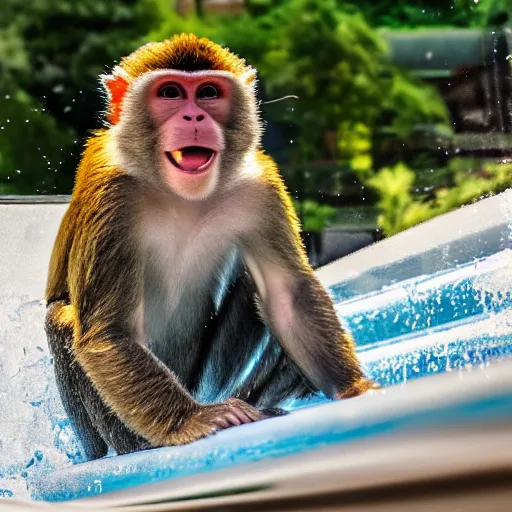 Prompt: photo of a happy monkey sliding down a waterslide, 4 k, full hd, reallistic, highly detailed