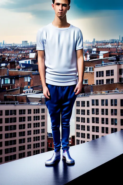 Image similar to un ultra high definition studio quality photographic art portrait of a young man standing on the rooftop of a british apartment building wearing soft padded silver pearlescent clothing. three point light. extremely detailed. golden ratio, ray tracing, volumetric light, shallow depth of field. set dressed.