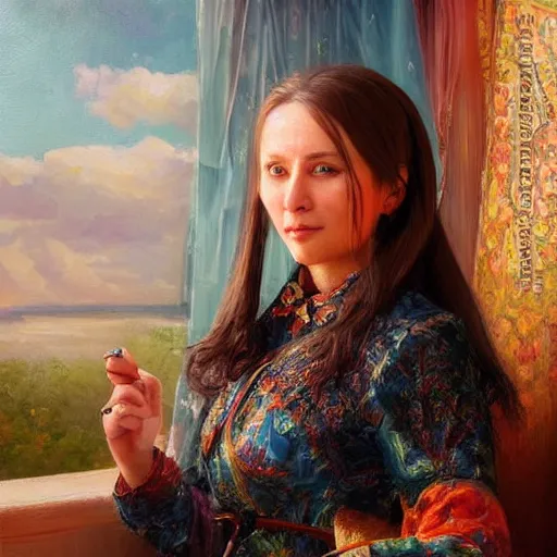 Image similar to portrait of a russian woman ( 3 5 ) from chabarovsk, russia in 2 0 2 1, an oil painting by ross tran and thomas kincade