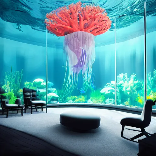 Prompt: the realistic photo of the modern room as aquarium with a chandelier as a big jellyfish, beautiful corals on the walls and sharks in the big panoramic window, under the ocean, realistic colors, realistic shadows, daylight made in blender, hd, 3 d by beeple and damian hirst and greg rutkowski