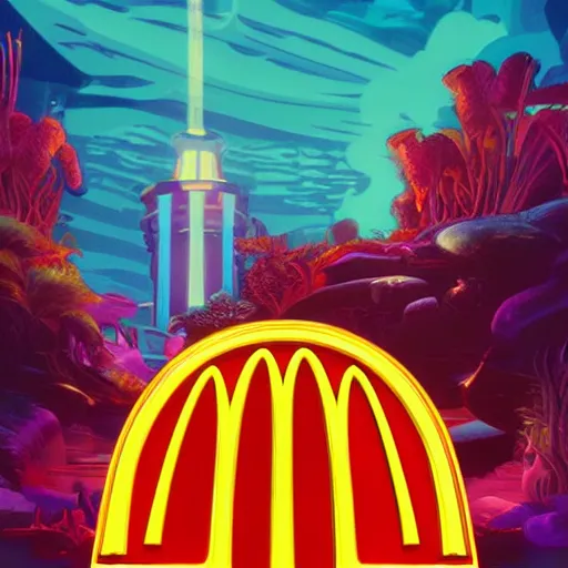 Image similar to mcdonald in kingdom of atlantis. fine art, trending on artstation, smooth draw synthwave neon,