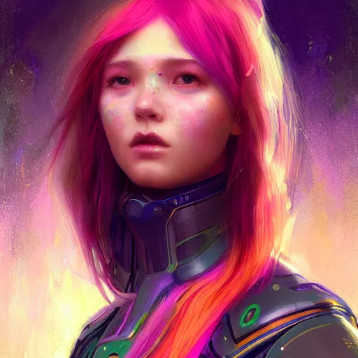 Prompt: girl with rainbow hair wearing futuristic space armor, official art, by jeremy lipking, by charlie bowater, photorealistic digital drawing, anime style, cgsociety, digital art