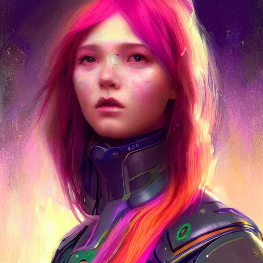 Image similar to girl with rainbow hair wearing futuristic space armor, official art, by jeremy lipking, by charlie bowater, photorealistic digital drawing, anime style, cgsociety, digital art