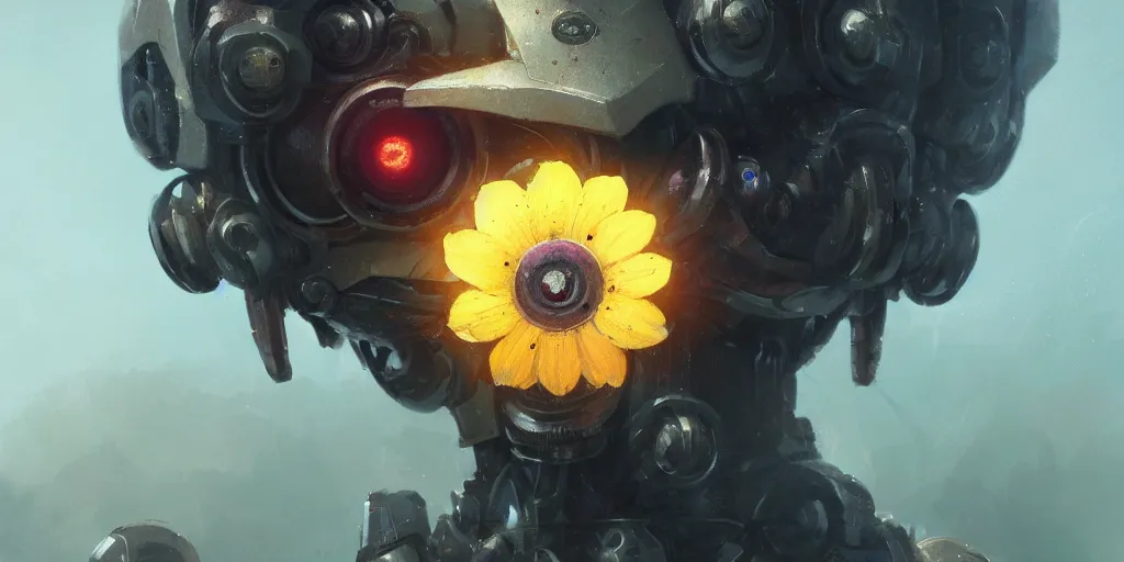 Image similar to close up of a beautiful flower with robot eyes in the middle by Greg rutkowski