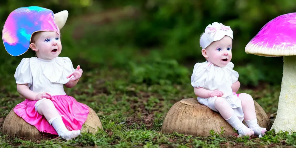 Prompt: an adorable infant, dressed as alice from alice in wonderland, sits on a giant iridescent mushroom