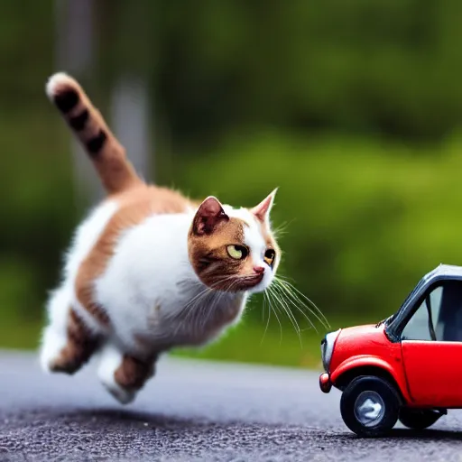 Prompt: cat driving a tiny car being chased by a dog, photo, detailed, 4k