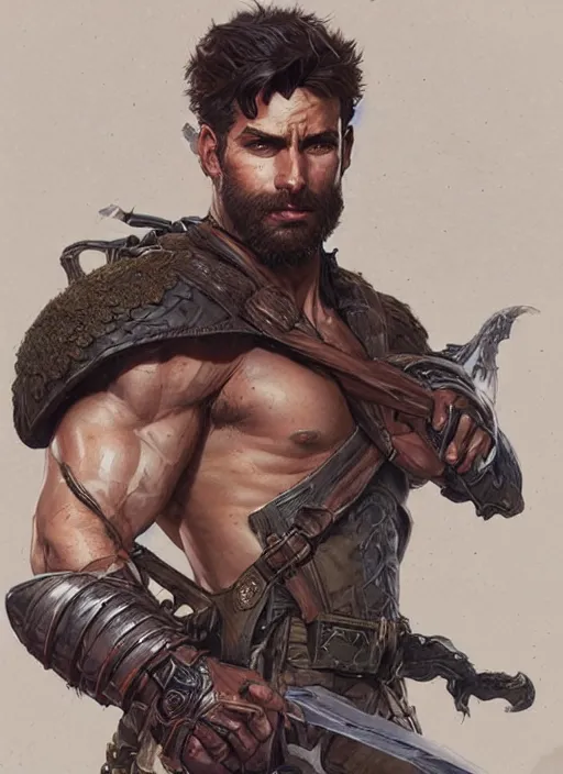 Image similar to Rugged ranger, male, man, D&D, muscular thighs, fantasy, intricate, elegant, highly detailed, digital painting, artstation, concept art, smooth, sharp focus, illustration, art by artgerm and greg rutkowski and alphonse mucha