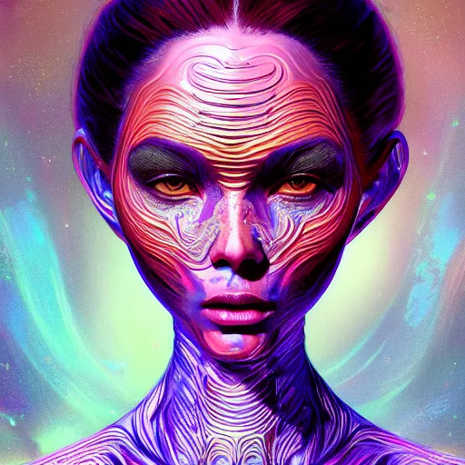 Image similar to wide angle full body portrait of an alien female, with a perfect face and perfect body, thin waist, intricate, single face, psychedelic background, highly detailed, digital painting, artstation, concept art, smooth, sharp focus, illustration, Unreal Engine 5, 8K, art by artgerm and greg rutkowski and alphonse mucha