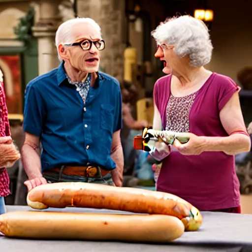 Image similar to a movie still from the antiques roadshow, old people discussing a priceless hot dog, uhd, 8k,