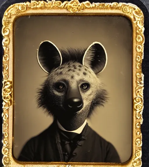 Image similar to professional studio photo portrait of anthro anthropomorphic spotted hyena head animal person fursona smug smiling wearing elaborate pompous royal king robes clothes degraded medium by Louis Daguerre daguerreotype tintype