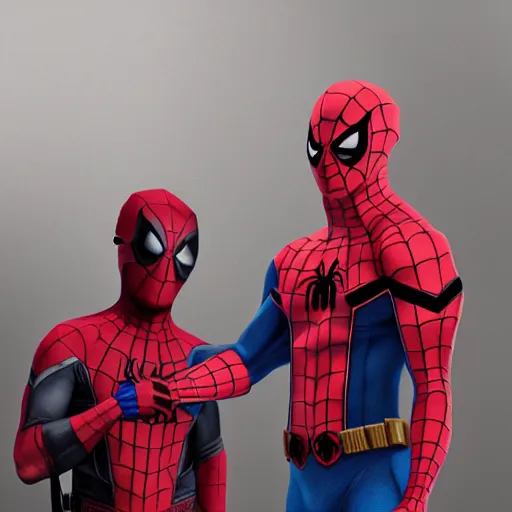 Image similar to spider man shaking hands with deadpool, au naturel, hyper detailed, digital art, trending in artstation, cinematic lighting, studio quality, smooth render, unreal engine 5 rendered, octane rendered, art style by klimt and nixeu and ian sprigger and wlop and krenz cushart