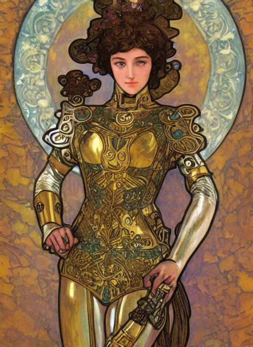 Prompt: fantasy female knight figurine in a light armor, soft transitions, mixed media, in the art style of alphonse mucha and claude monet and gustav klimt